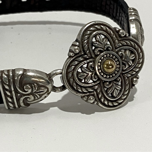 Brighton Black Leather Bracelet Silver Ornate Scroll Flower Design 07043 Boho - Picture 4 of 12